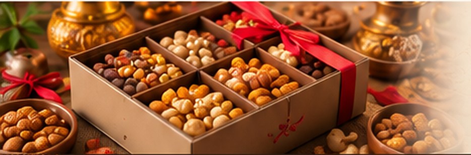 An open gift box of roasted nuts tied with a red ribbon