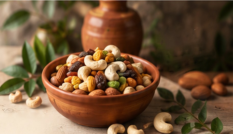 A clay bowl of roasted cashews, almonds and raisins
