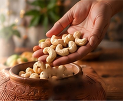 A hand scooping cashews from a clay pot