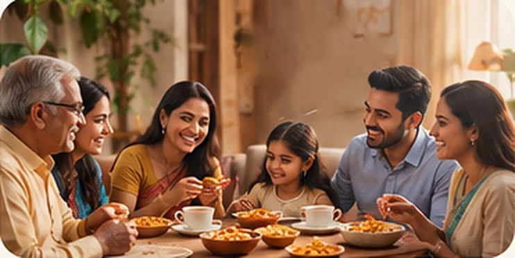 Three generations of a family sharing snacks and tea