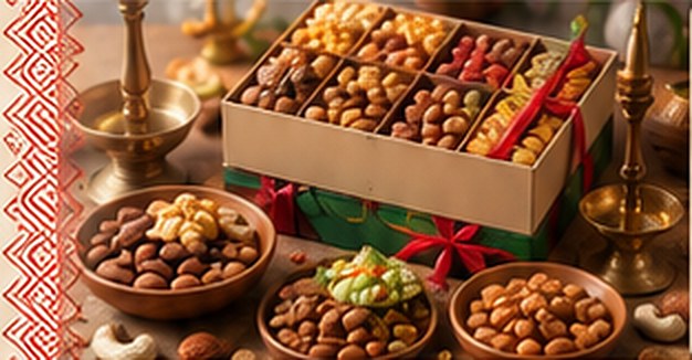 A gift box of roasted nuts and snacks with brass lamps