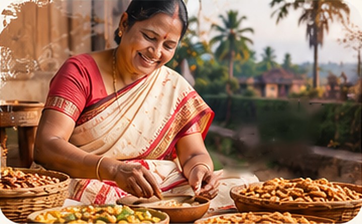 A woman in a red-bordered sari sorting roasted nuts in baskets