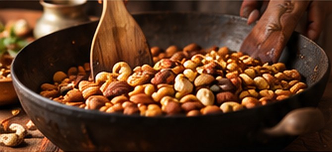 Nuts being slow-roasted in an iron kadai